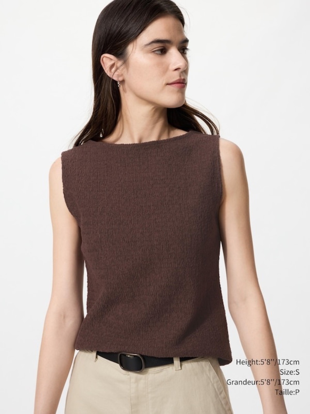 UNIQLO Shirring Boat Neck T-Shirt Sleeveless Too brown XL